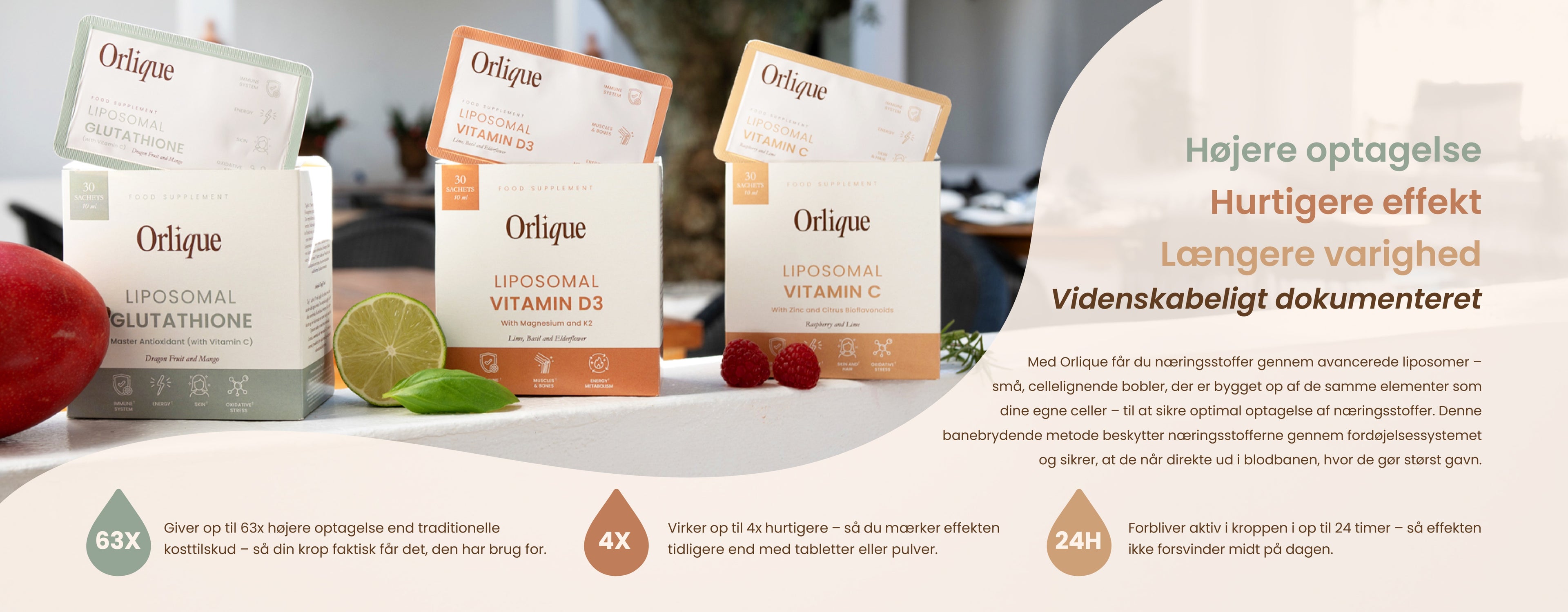Tre Orlique liposomale kosttilskud i æsker og sachets med frugt og grønt
